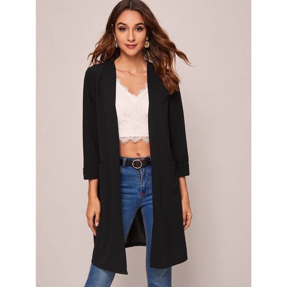 Open Front casual long blazer Coat collarless black minimalist - Picture 3 of 8